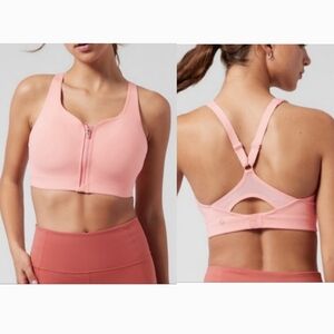 Athleta Size 32D Advance Zip-Front Bra in Light Pink, High Impact Workouts.